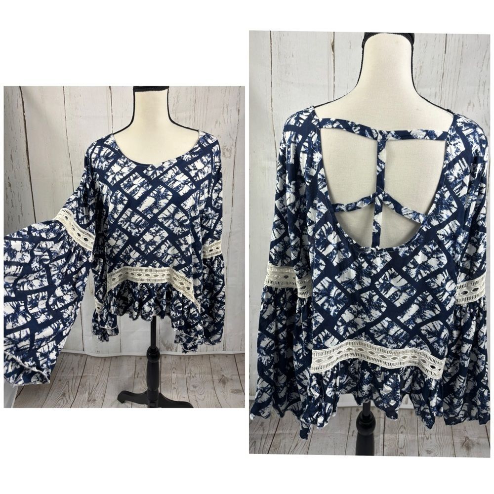 Chelsea & Theodore Navy Boho Top Ruffled Hem Flared Bell Sleeve Crochet Trim